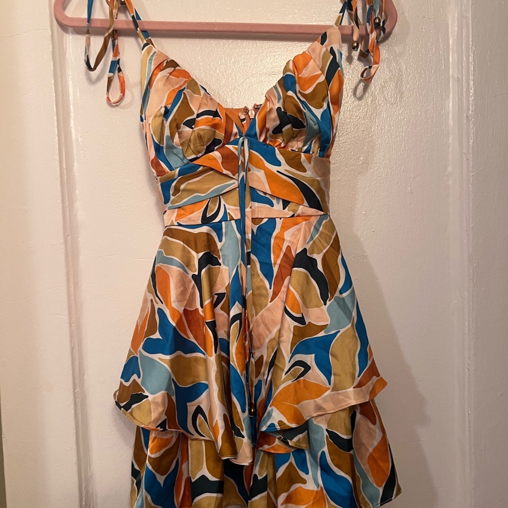 Abstract Multi-Color Tiered Romper with Tie Straps